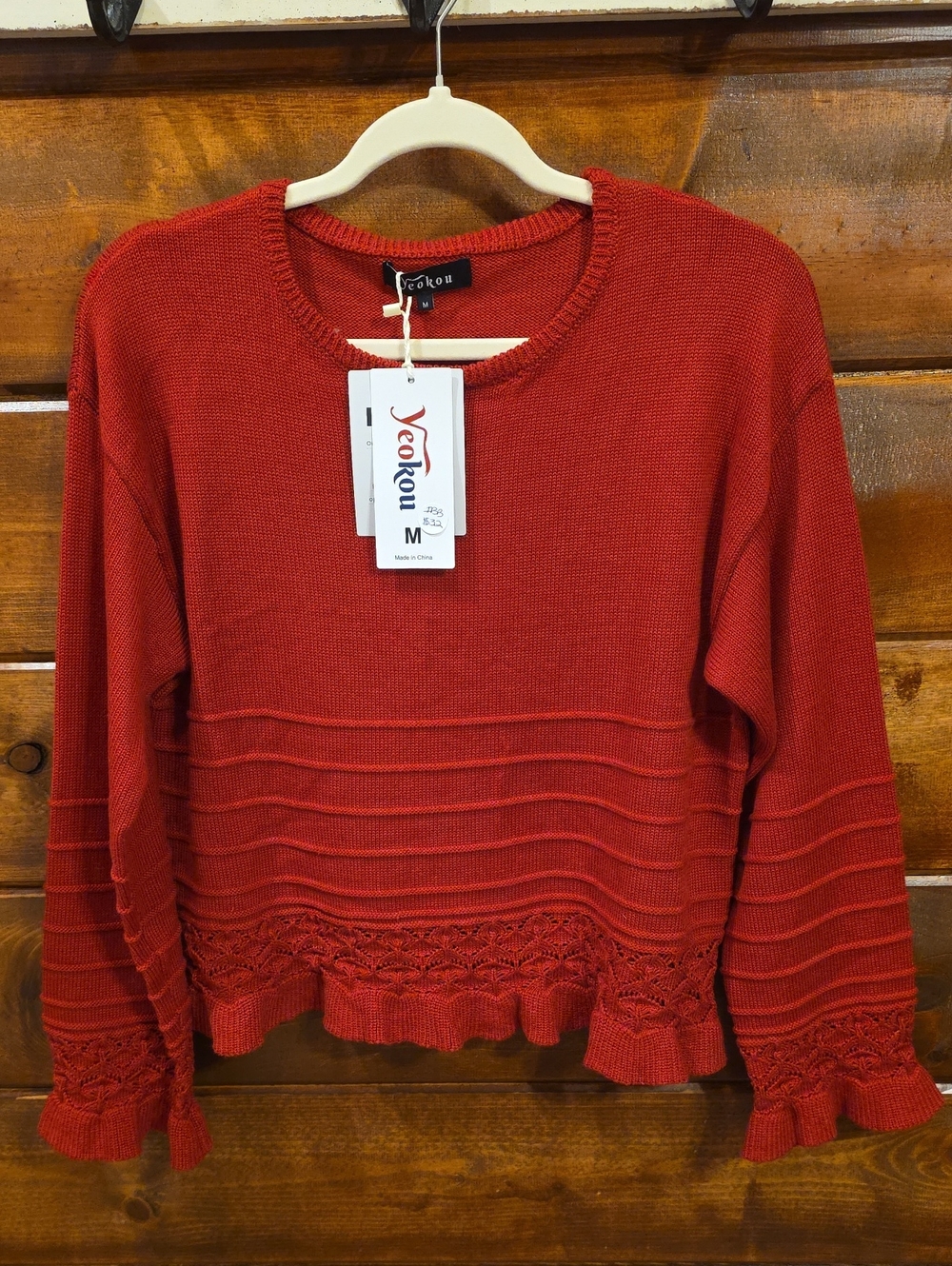 Yokou Red Knit Crewneck with Ruffle Hem